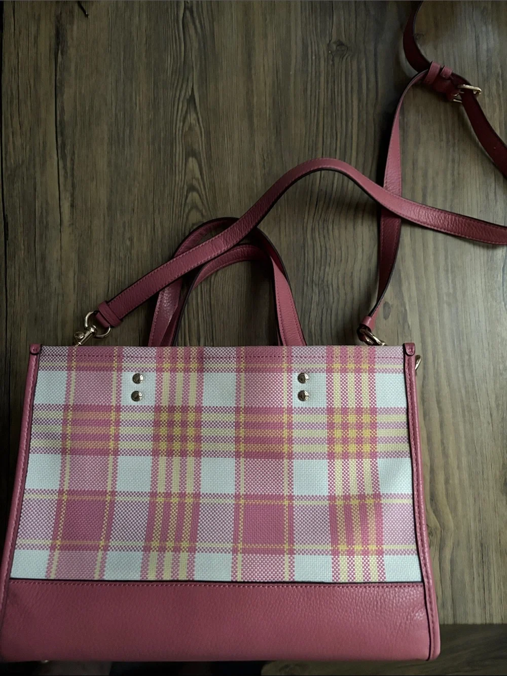 Coach Pink Plaid Canvas Tote with Leather Trim